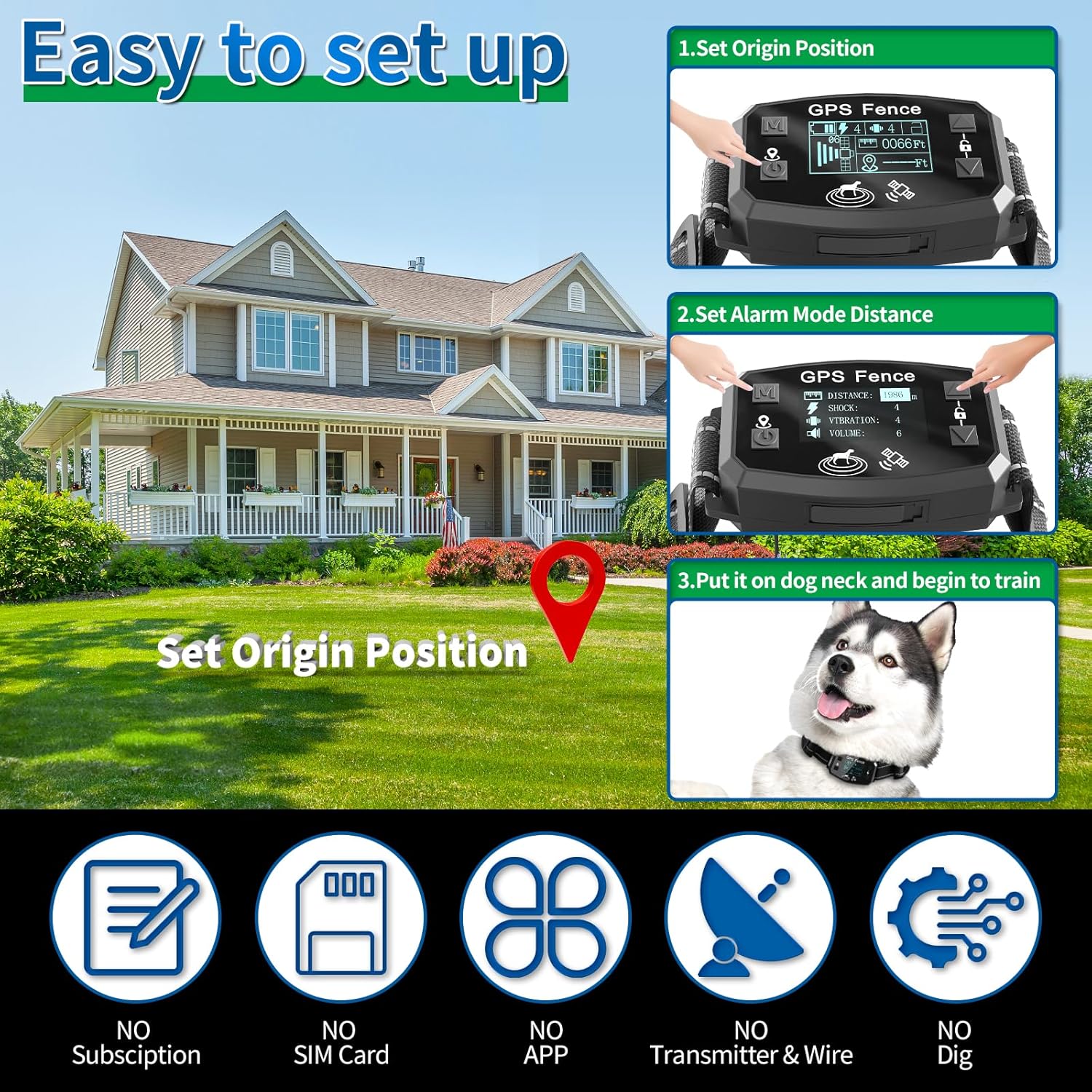 GPS Wireless Dog Fence, Range up to 6561 ft,Electric Collar with 3 Warning Modes, for Outdoor Use Waterproof& Rechargeable Pet Containment System for Most of Dogs